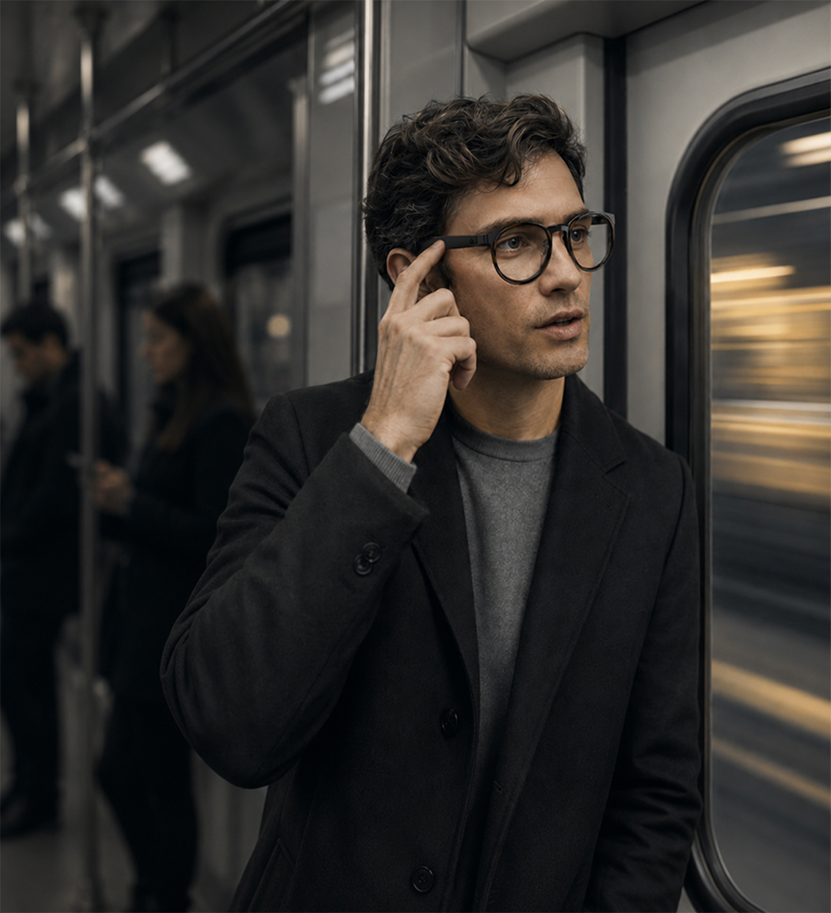 Ever Harbour glasses during a call on public transport